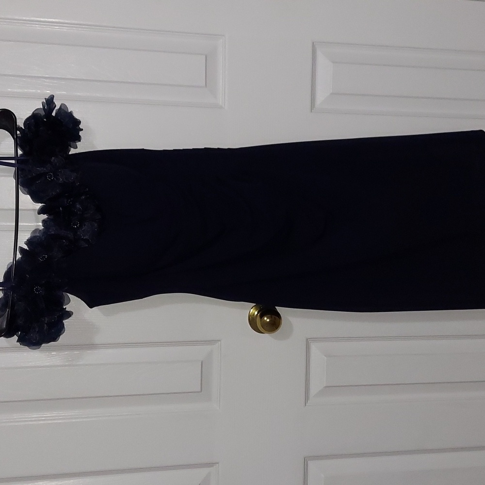 ⭐️SALE⭐️THIS WEEKEND⭐️ Xscape Navy Blue Off The Shoulder Dress With Flowers - Picture 2 of 8